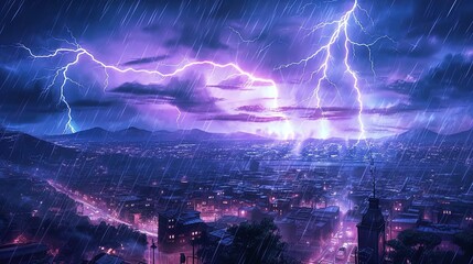 A lightning storm in a city at night . Fantasy concept , Illustration painting. Generative Ai