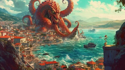 Obraz premium A hydra attacking a coastal city . Fantasy concept , Illustration painting. Generative Ai