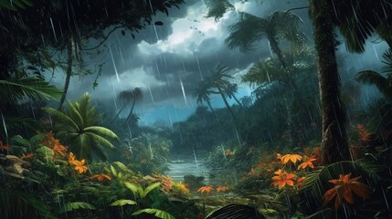 A hurricane sweeping through a jungle . Fantasy concept , Illustration painting. Generative Ai