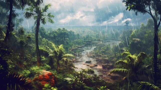 A hurricane sweeping through a jungle . Fantasy concept , Illustration painting. Generative Ai