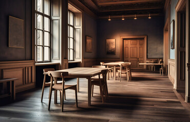 a light and dark wooden space with tables and chairs