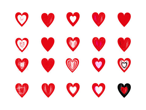 Big set of red grunge hearts. Design elements for Valentine's Day. Isolated on white