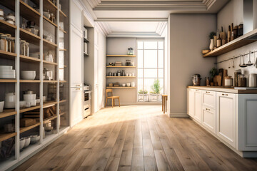 Naklejka premium a white kitchen with wooden floor and shelves for pantry
