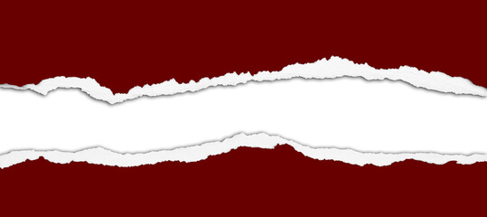 Hole ripped in red paper on white background
