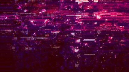 Defected red purple banner HUD interface with abstract and trippy digital code. Concept glitch background 3D illustration overlay with fragments, hex code of cryptocurrency mining and computer crime.