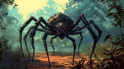 A giant spider lurking in the shadows . Fantasy concept , Illustration painting. Generative Ai