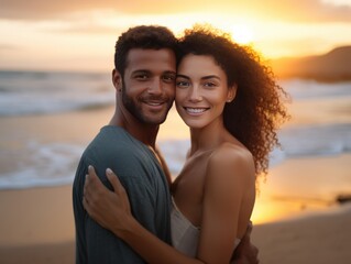 Liebevoller Moment: Umarmung am Strand bei Sonnenuntergang mit betonter Gesichtsausdruck, Lächeln und Herzlichkeit, Generative AI