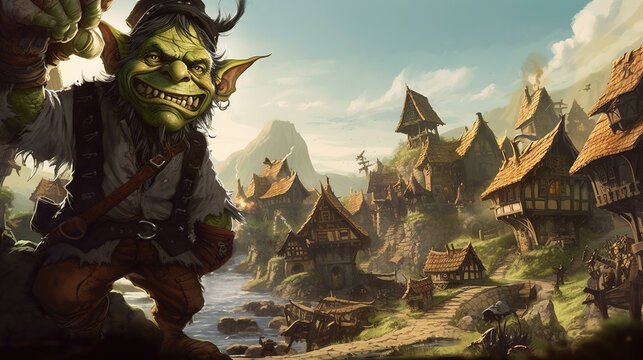 Green goblin raiding a village for supplies . Fantasy concept , Illustration painting. Generative Ai