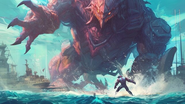 robot fighting a sea monster in a futuristic ocean . Fantasy concept , Illustration painting. Generative Ai