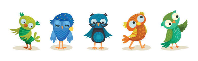 Cute Little Owl Character with Large Eyes and Wings Vector Set