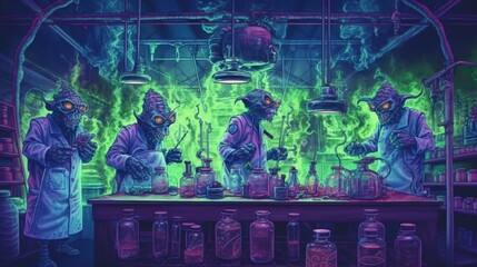 A group of goblins in a futuristic laboratory conducting experiments . Fantasy concept , Illustration painting. Generative Ai