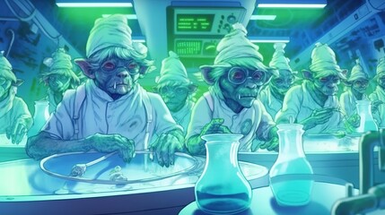 A group of goblins in a futuristic laboratory conducting experiments . Fantasy concept , Illustration painting. Generative Ai