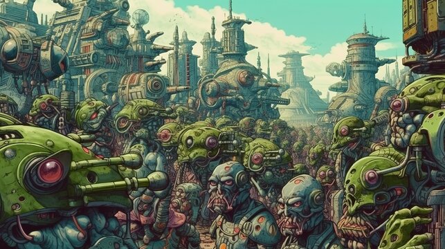 A group of goblin engineers working on a massive sci-fi war machine . Fantasy concept , Illustration painting. Generative Ai