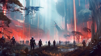 A group of elven rebels fighting against a dystopian sci-fi empire . Fantasy concept , Illustration painting. Generative Ai
