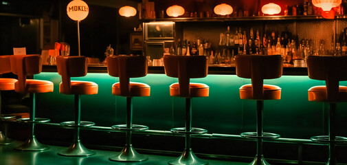 an image of bar stools in a dark bar - obrazy, fototapety, plakaty