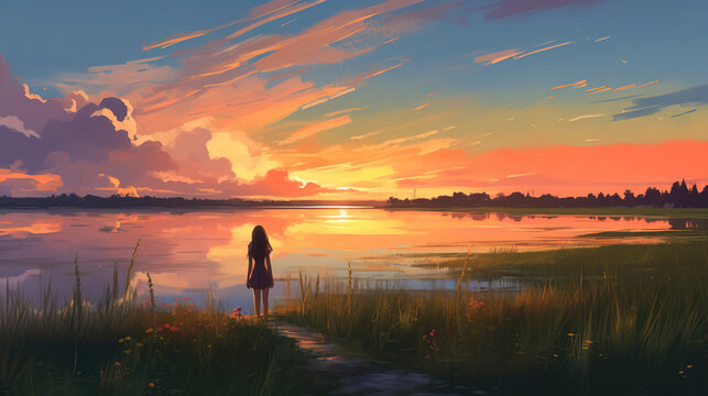thinking about life at the lake, anime artwork, ai generated image