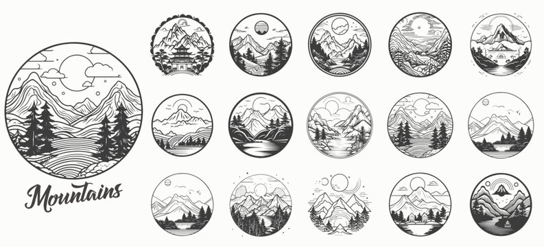 Mountain vector emblem logo templates collection. Mountain, forest and sun vector illustration.