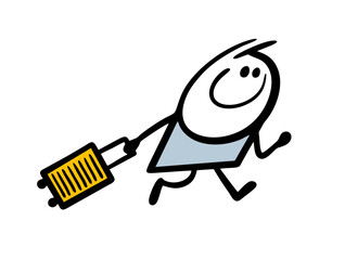 Satisfied tourist runs to rest with a suitcase at the airport. Vector illustration of stickman at the train station goes to the train on vacation.