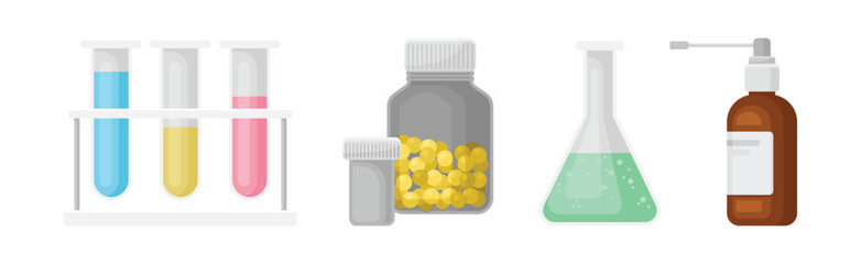 Medicine with Pills in Vial, Spray Bottle and Flask with Chemical Vector Set