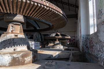 Interior of old abandoned hydro power plant on Vrbas river in Banja Luka, built in 1899