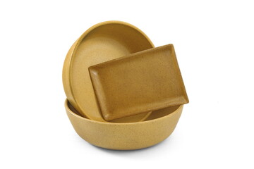 beautiful ceramic pieces on white background