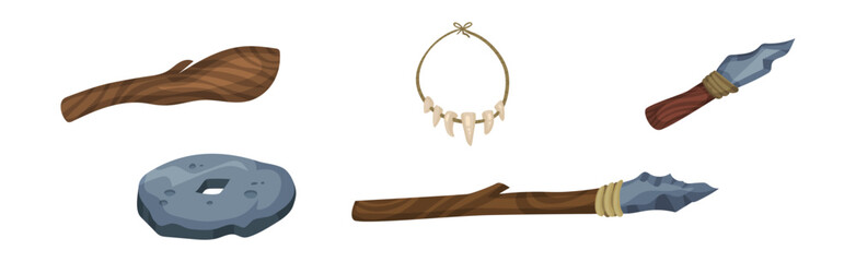 Stone Age Objects and Hunting Weapons with Stick and Spear Vector Set