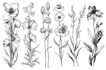 Botanical linear flower set. Abstract creative floral  vector art  generative AI