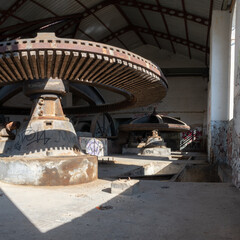 Interior of old abandoned hydro power plant on Vrbas river in Banja Luka, built in 1899