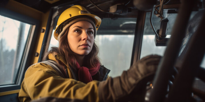Young woman working on heavy machinery as an industrial crane operator. Gender equality at workplace concept. Generative AI