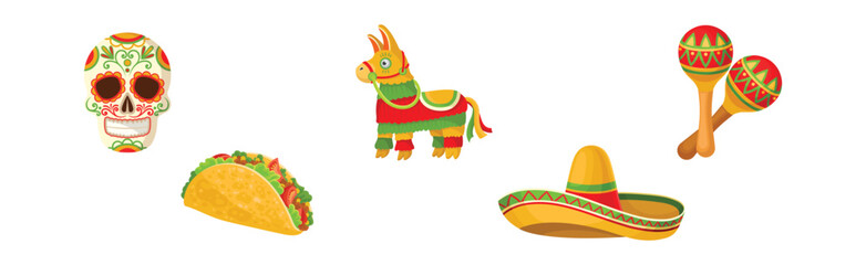 Mexican Objects and Symbols with Skull, Pinata, Maraca, Wrap and Sombrero Hat Vector Set