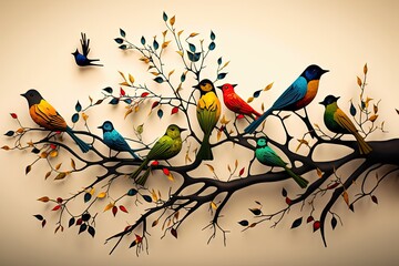 Colorful birds on the branch of a tree