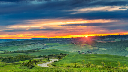Beautiful Tuscany panoramic landscape at sunrise, Italy