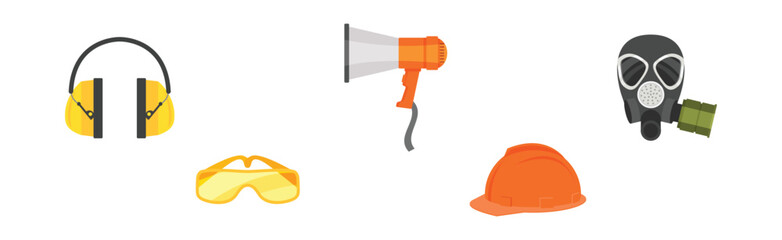 Safety Equipment with Hard Hat, Megaphone, Respirator, Earmuffs and Goggles Vector Set