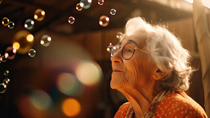 cute elderly white-haired woman 80 years old blowing bubbles, serene and carefree atmosphere