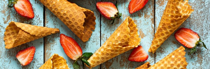 Wafer cones for ice cream with ripe strawberries on blue background. Summer food concept, sweet...