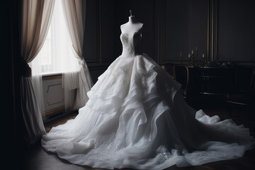 Beautiful wedding dress of the bride in a luxurious interior, AI Generated