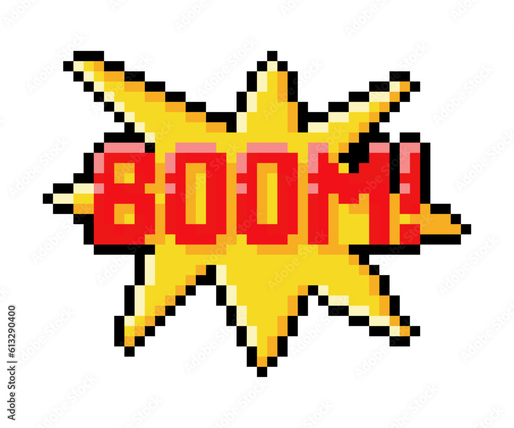 Aufkleber pixel 8-bit boom effect as video game style element vector illustration