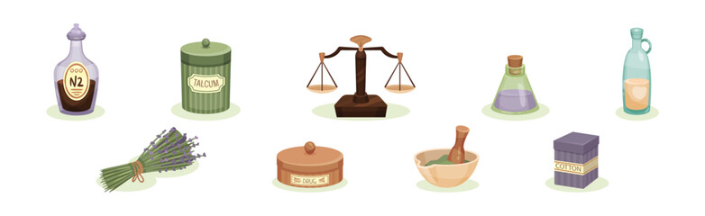 Ancient Medicine with Glass Bottle, Talcum Can and Scales Vector Set