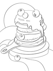 contour line illustration sweet cartoon style breakfast pancakes with berries in a frying pan postcard design element advertising sticker coloring book