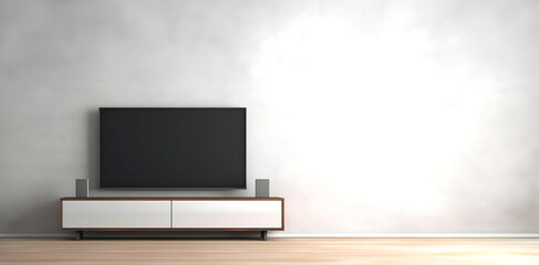 Creative interior concept. Large empty wall living room with blank television TV frame furniture deco. Banner template for product presentation. Mock up