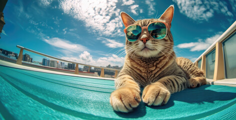 a cat with fashion sunglasses  is lying On the roof traveling at the beach summer holiday vacation,genrative ai.