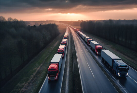 a group of trucks are traveling down a highway