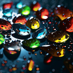 Obraz premium Fondo con detalle y textura de varias piezas de cristal de colores, con reflejos, gotas de agua 