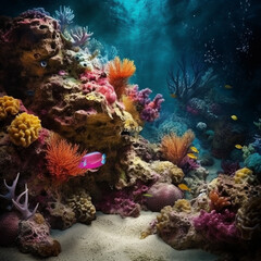 Fototapeta na wymiar Fondo natural con detalle de arrecife con corales, peces tropicales de color y reflejos de luz