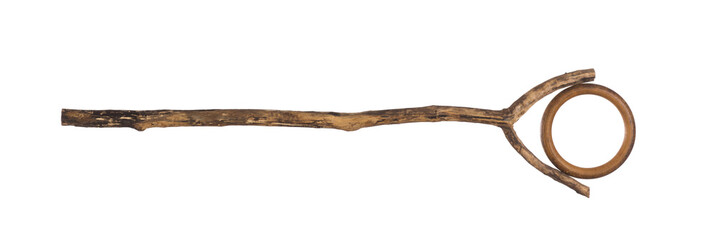 magic stick, wooden walking stick isolated on white background	