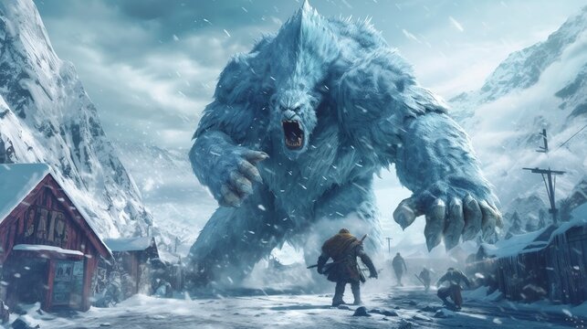 A frost giant attacking a town with an ice storm . Fantasy concept , Illustration painting. Generative Ai
