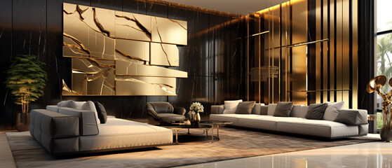 Gold, White, and Black Interior Living Room Design - Organic Gold Backlit Panels in Futuristic RoyalCore Theme - Generative AI
