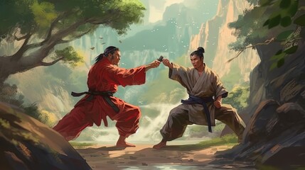 A fighter training with a master swordsman to perfect their skills . Fantasy concept , Illustration painting. Generative Ai