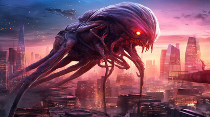 A giant alien creature attacking a futuristic city . Fantasy concept , Illustration painting. Generative Ai