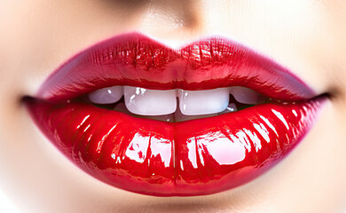 Obraz premium Woman Lips Closeup, Red Lipstick Makeup, Beautiful Mouth Make-Up, Model Girl Lip, Lips Macro